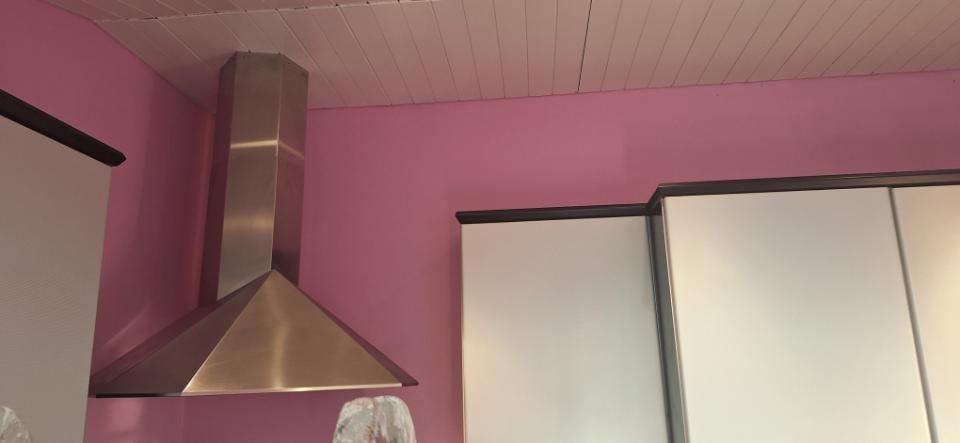 Rosa Küchenwand mit Dunstabzugshaube und Schränken aus Edelstahl