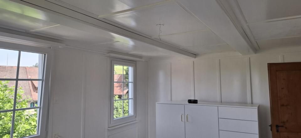 Ein helles, weisses Zimmer mit zwei Fenstern, einem Schrank und einer Holztür unter einer getäfelten Decke.