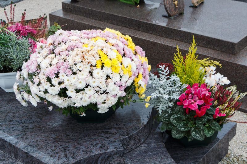Des fleurs disposées dans des pots noirs sur une tombe, comprenant des fleurs blanches, jaunes, roses et rouges.