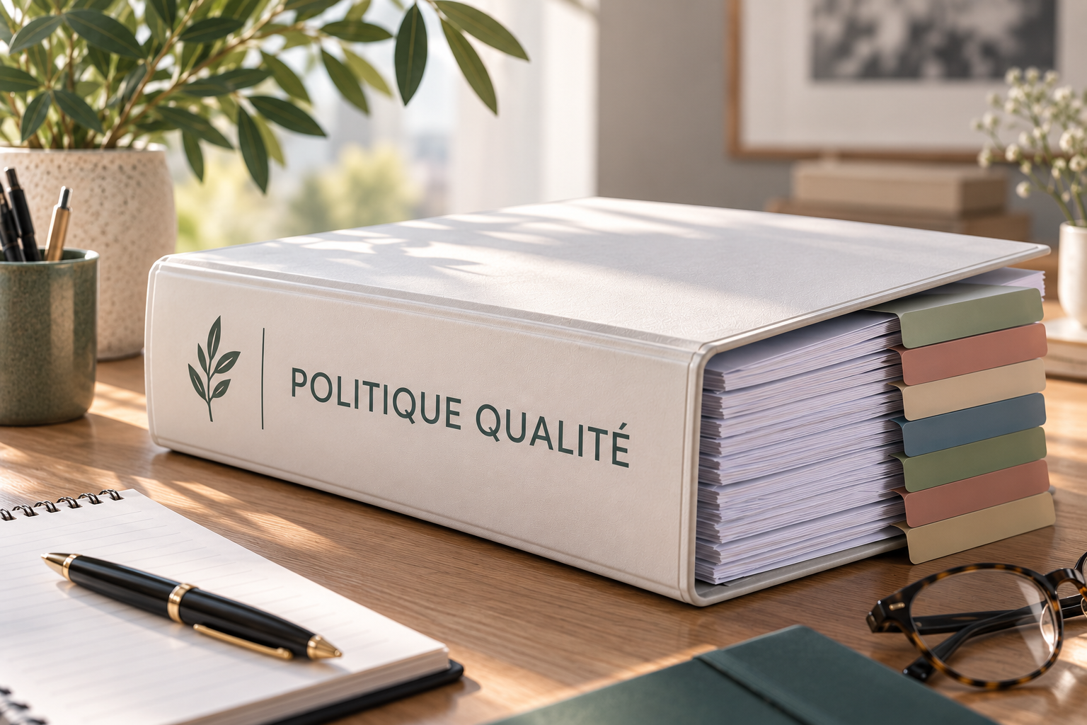 Carnet de bureau intitulé « Politique Qualité », posé à côté d’un stylo, de lunettes et d’une plante sur un bureau en bois