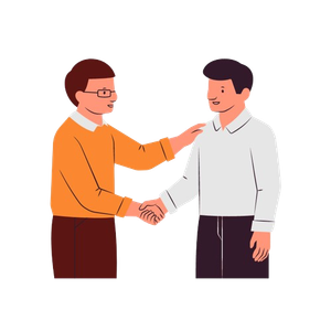 Dos hombres se dan la mano y se señalan el uno al otro.