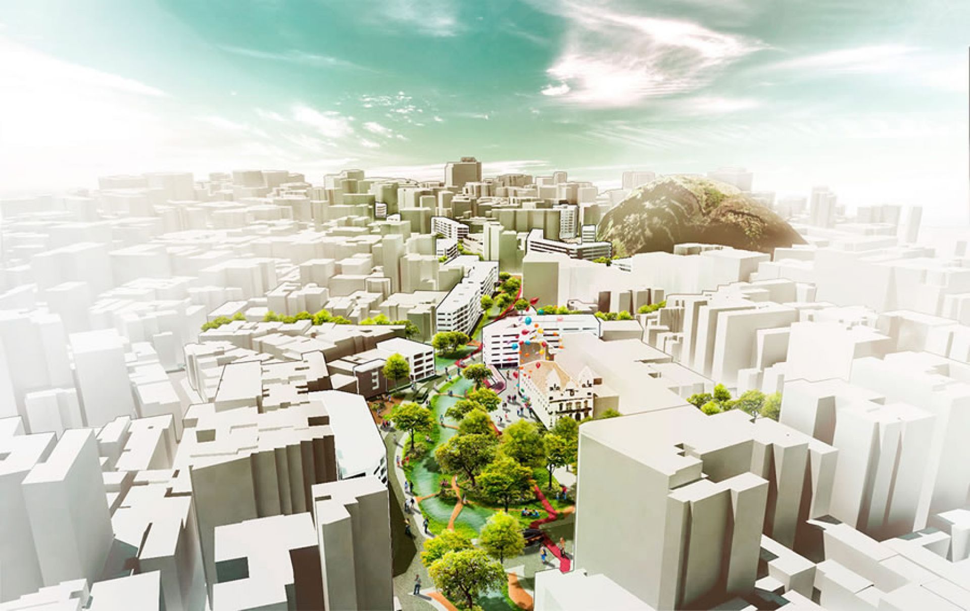 Una vista aérea de una ciudad con muchos edificios y árboles.