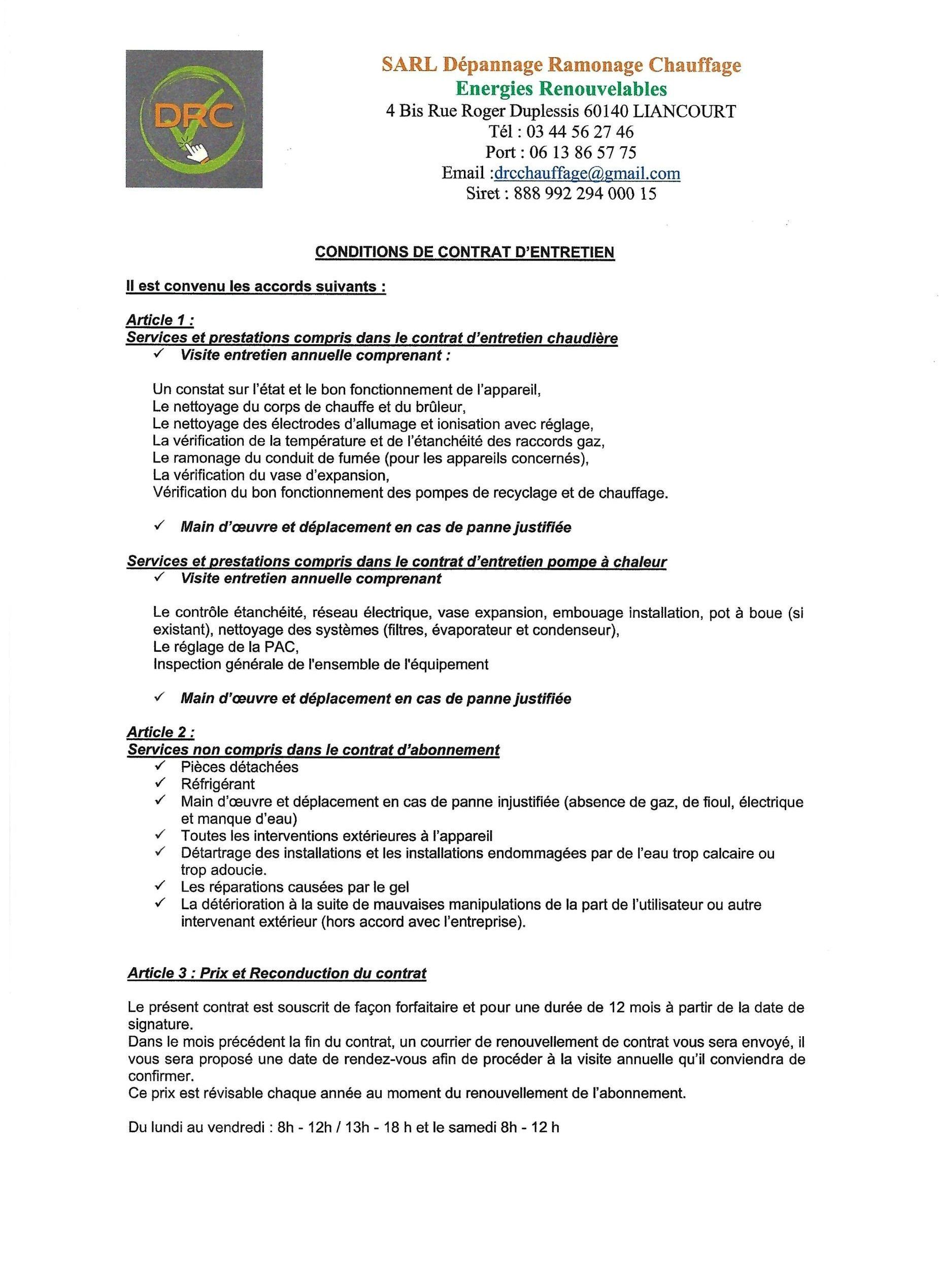 Un document sur les conditions de contrat d'entretien.