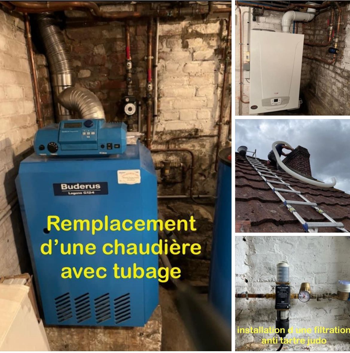 Plusieurs photos d'un remplacement d'une chaudière avec tubage.