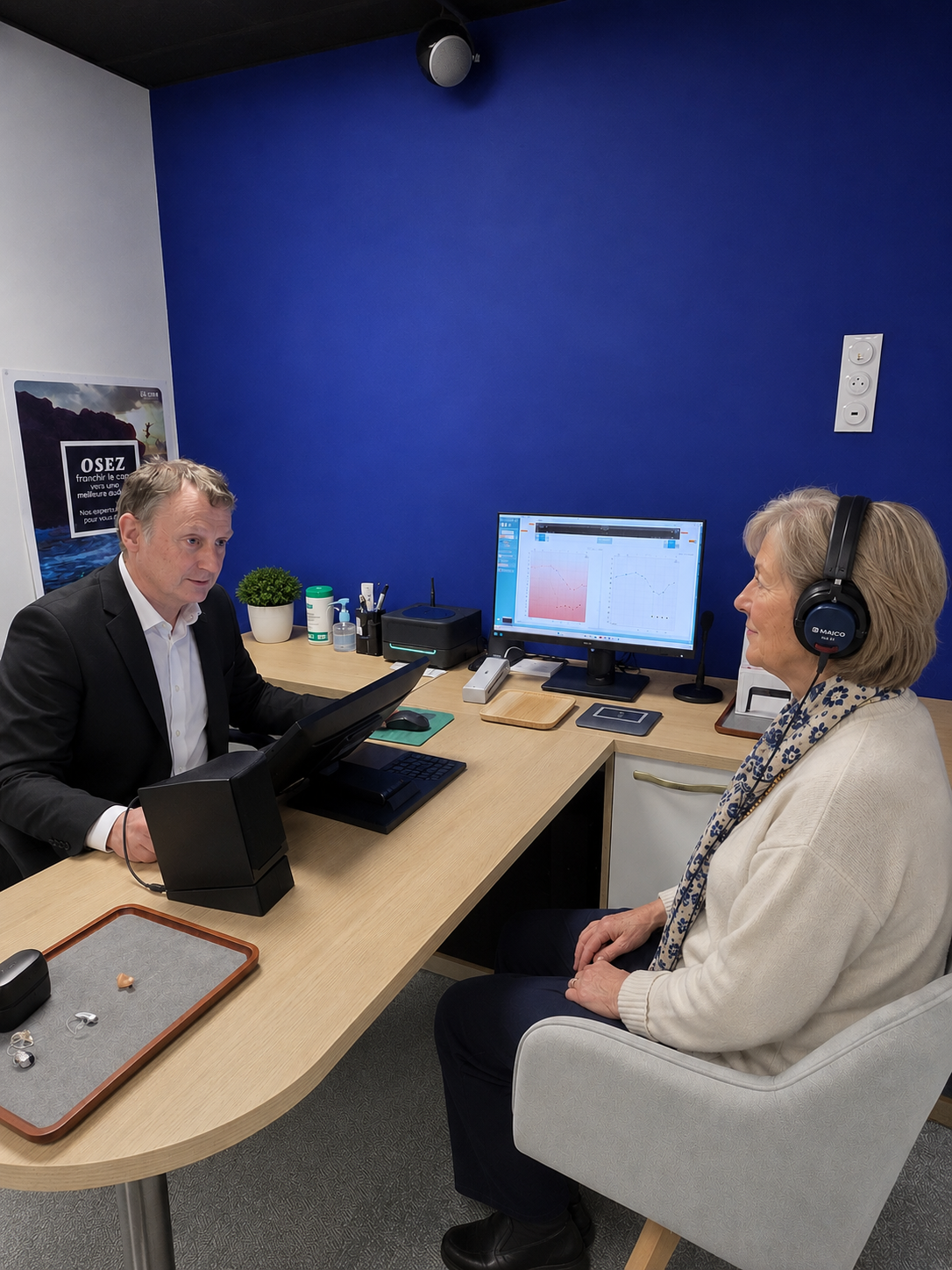 Deux personnes dans un studio de podcast, équipées de microphones, de casques et d'un ordinateur, discutent de part et d'autre d'un bureau.