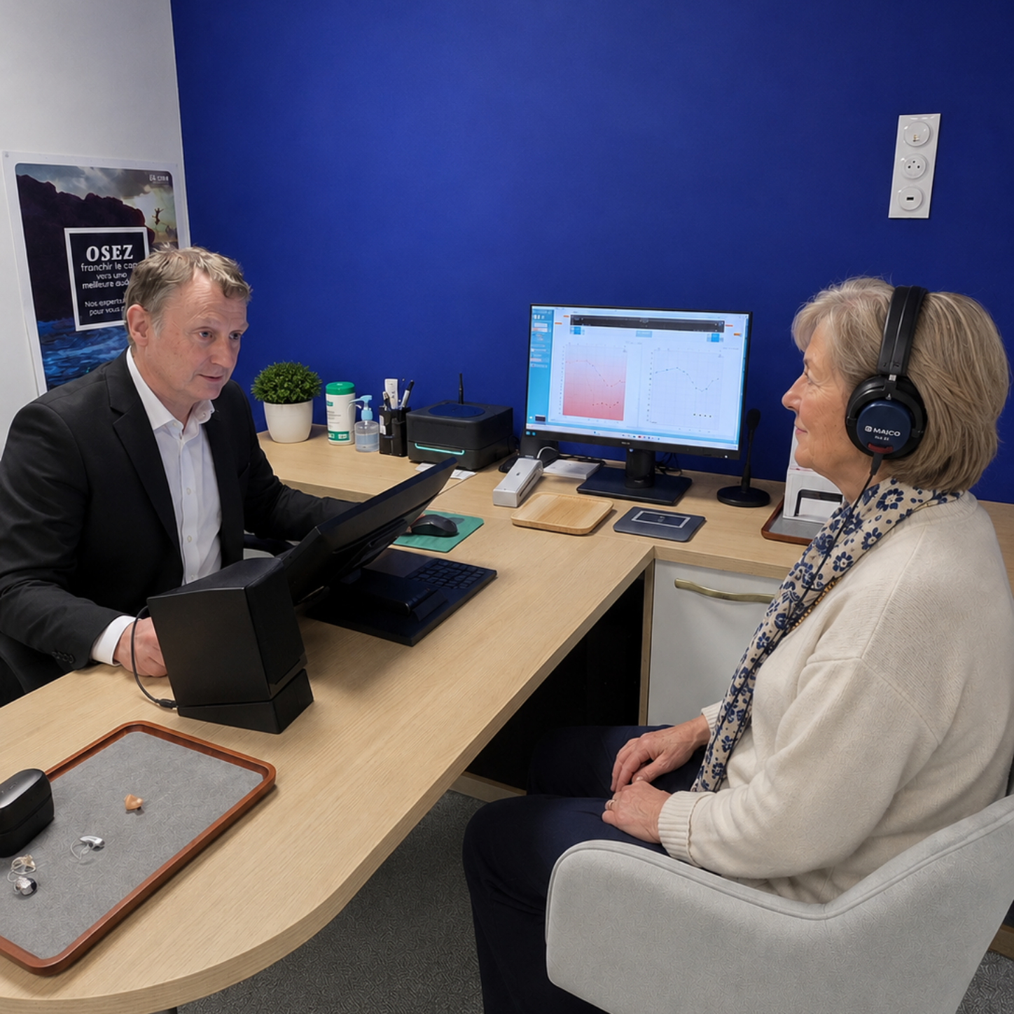 Deux personnes en réunion au bureau, assises de part et d'autre d'un bureau avec un ordinateur portable et un écran d'ordinateur, l'une portant un casque audio.