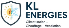 Le logo de kl energies est un bouclier avec un soleil et un flocon de neige dessus.
