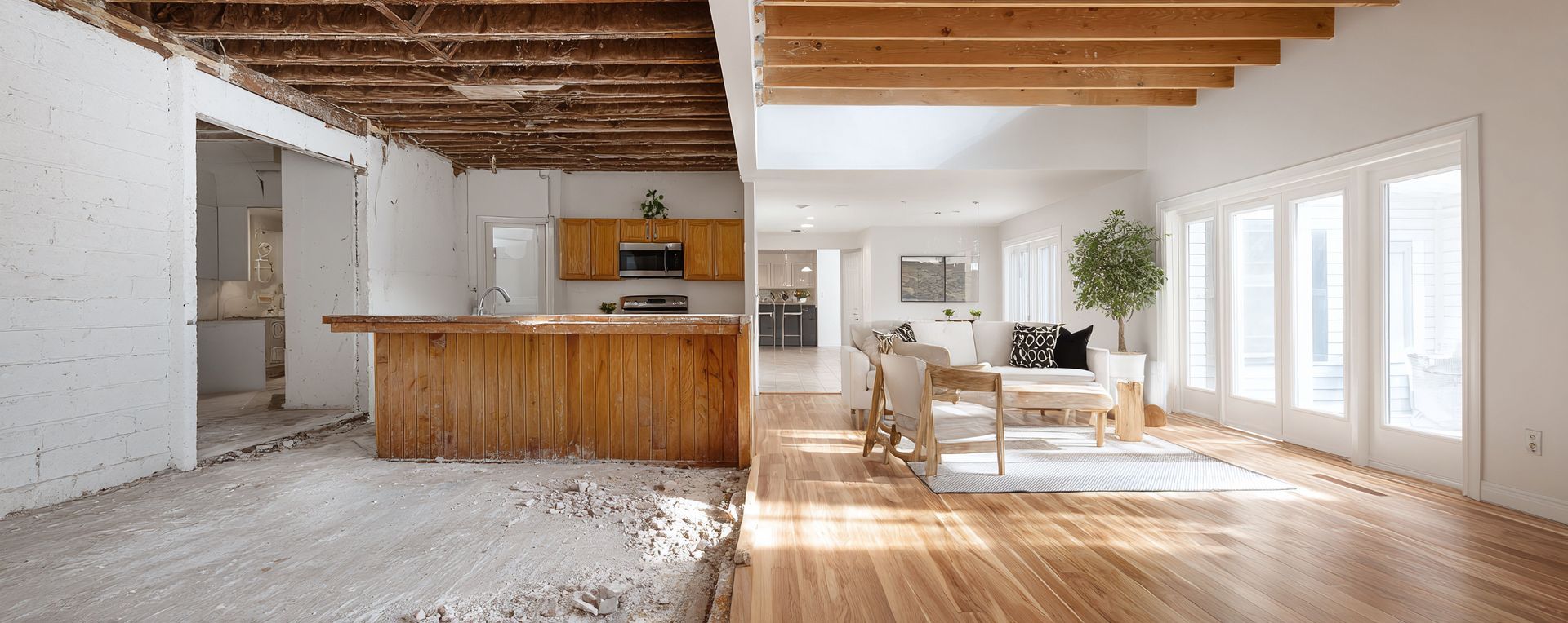 Avant et après la rénovation d'une maison. D'un côté, la pièce non finie et démolie ; de l'autre, l'espace lumineux et moderne désormais terminé.