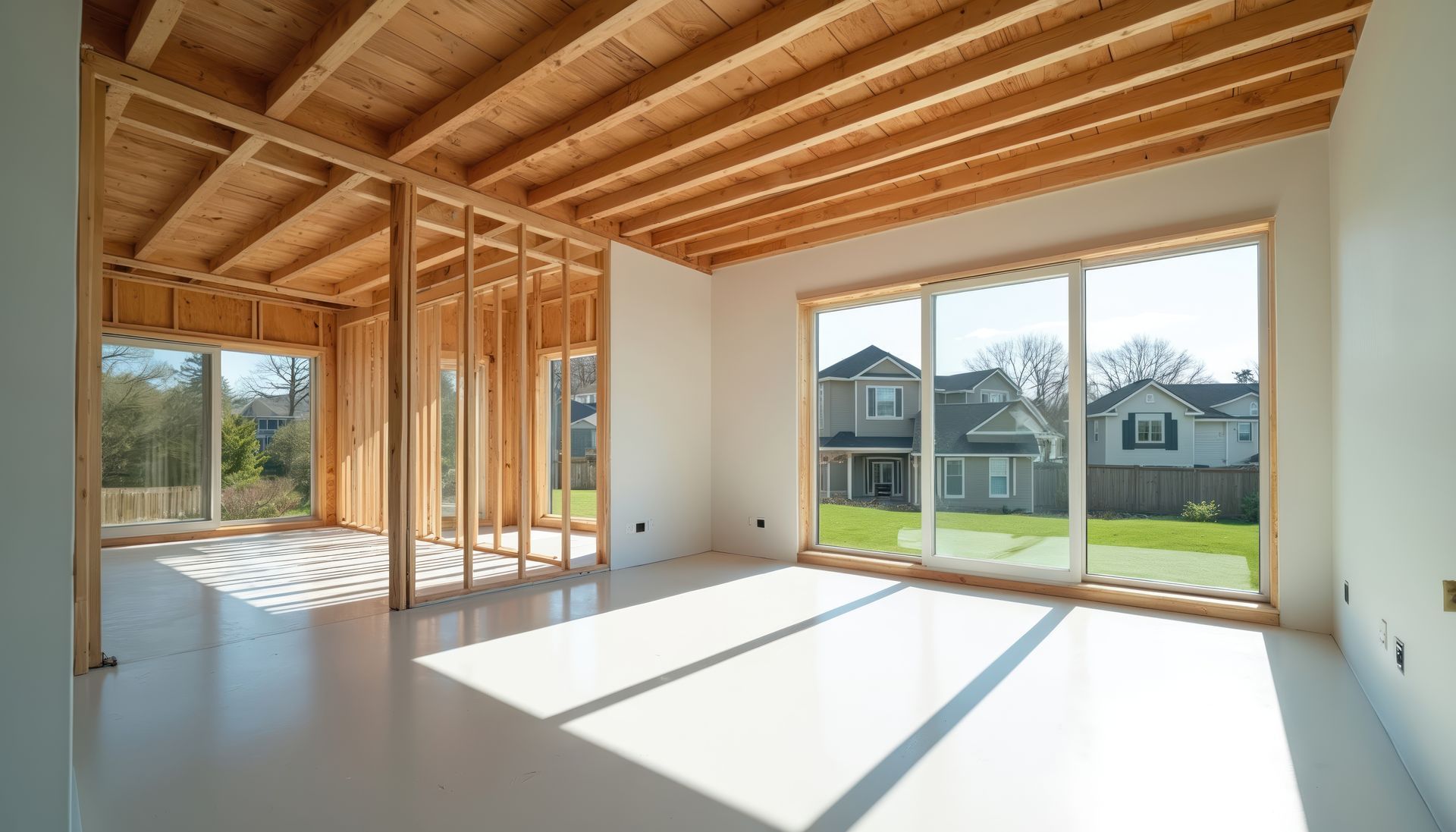Vue intérieure d'une pièce en construction avec poutres en bois, charpente et grandes fenêtres donnant sur une cour arrière.