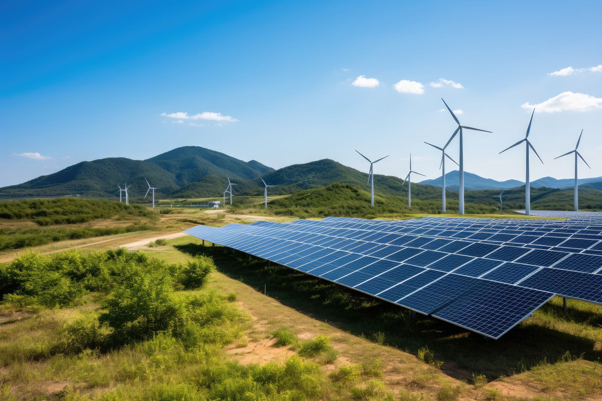 Paneles solares y turbinas eólicas en un campo verde, bajo un cielo azul con montañas.