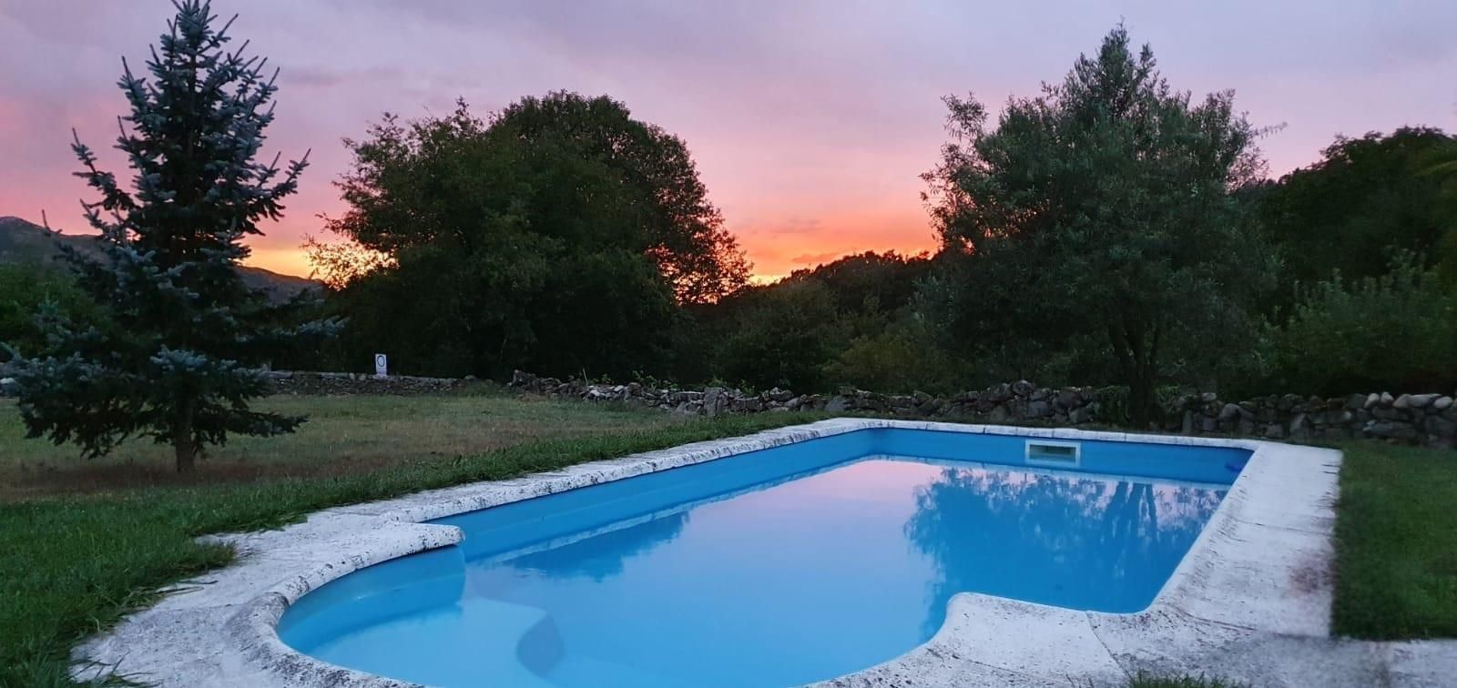 Una piscina de agua azul se encuentra en un patio cubierto de césped al anochecer; el cielo es naranja y violeta.