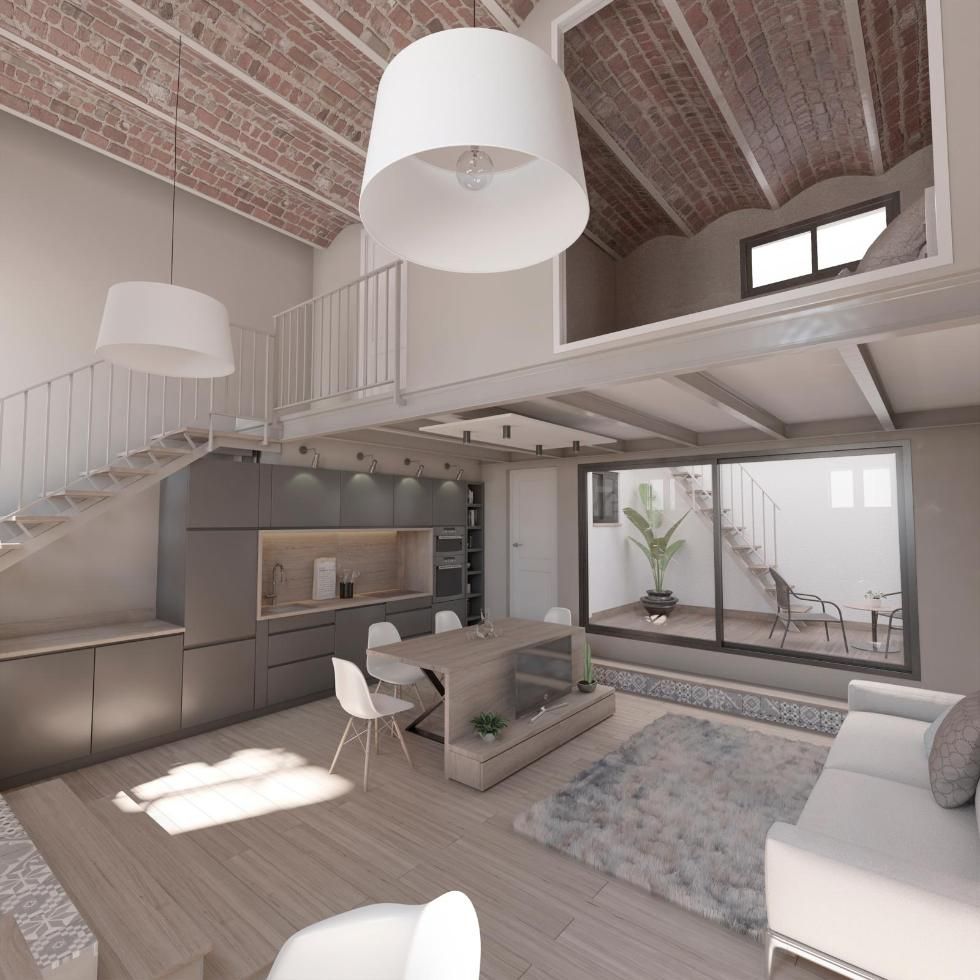 Moderno loft con cocina, comedor y entrepiso. Techo de ladrillo visto, amplios ventanales y muebles blancos.