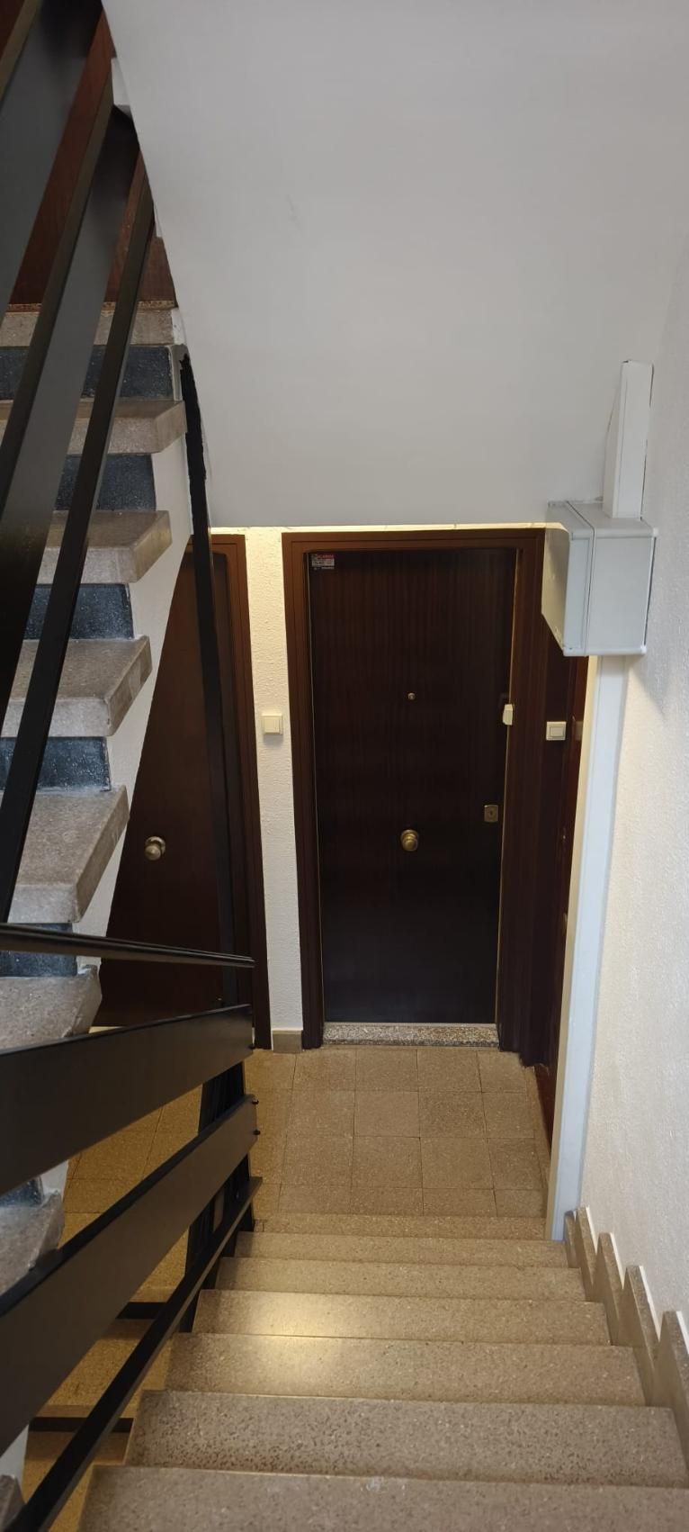 Escalera que baja a dos puertas de madera oscura. Barandilla a la izquierda. Pared blanca a la derecha.