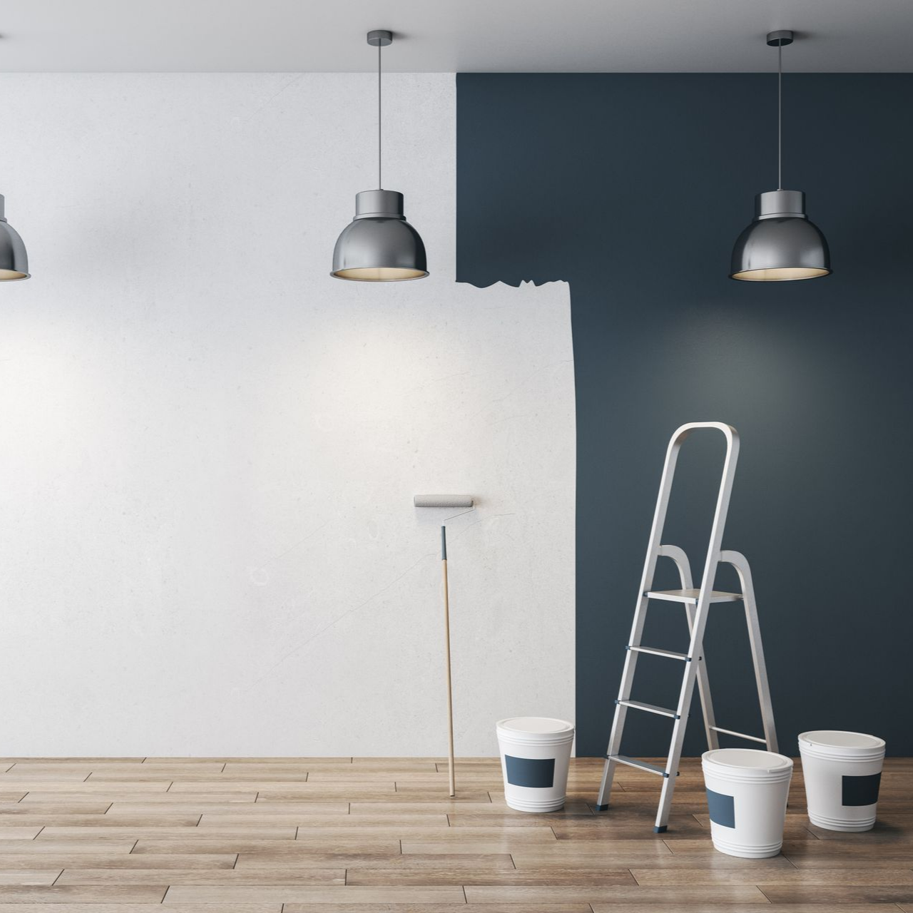 Pièce à moitié peinte en blanc et bleu, avec une échelle, des pots de peinture et un rouleau.