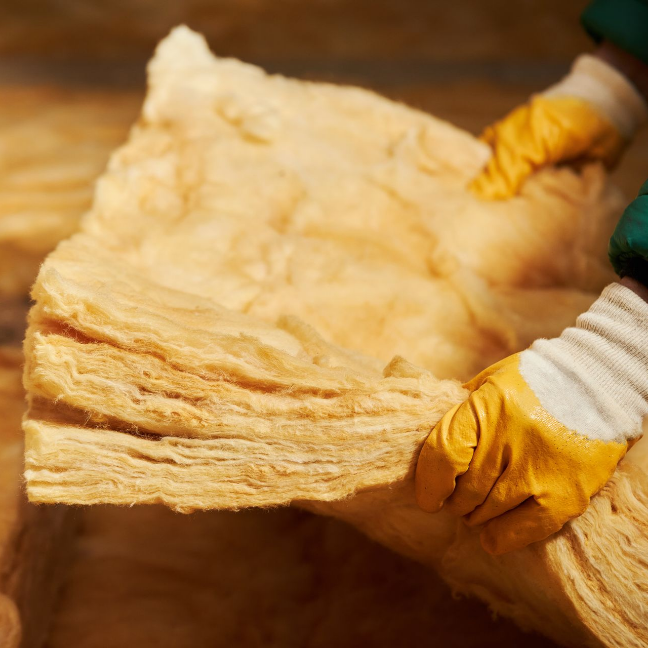 Des mains gantées de jaune tenant un isolant beige.