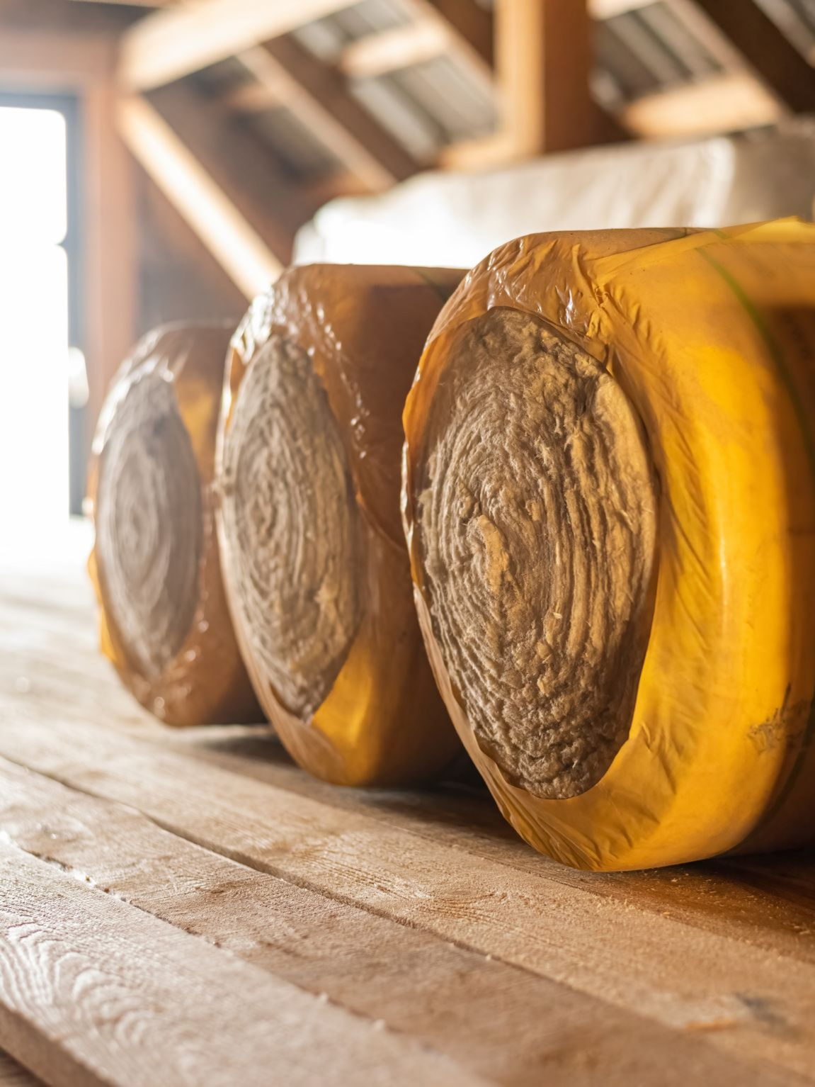 Trois rouleaux de laine d'isolation.