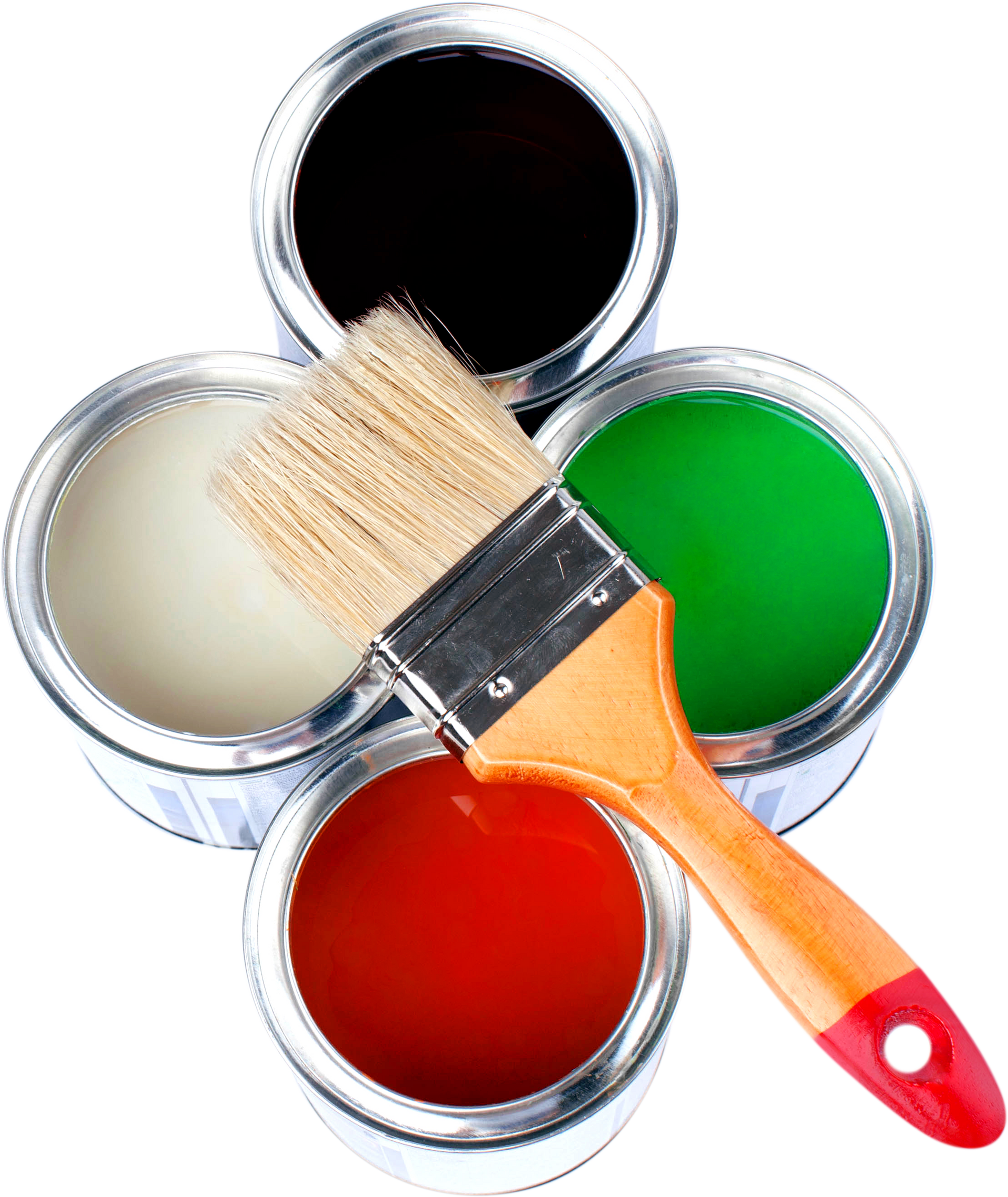 Des pots de peinture noir, blanc, rouge et vert avec un pinceau posé dessus.