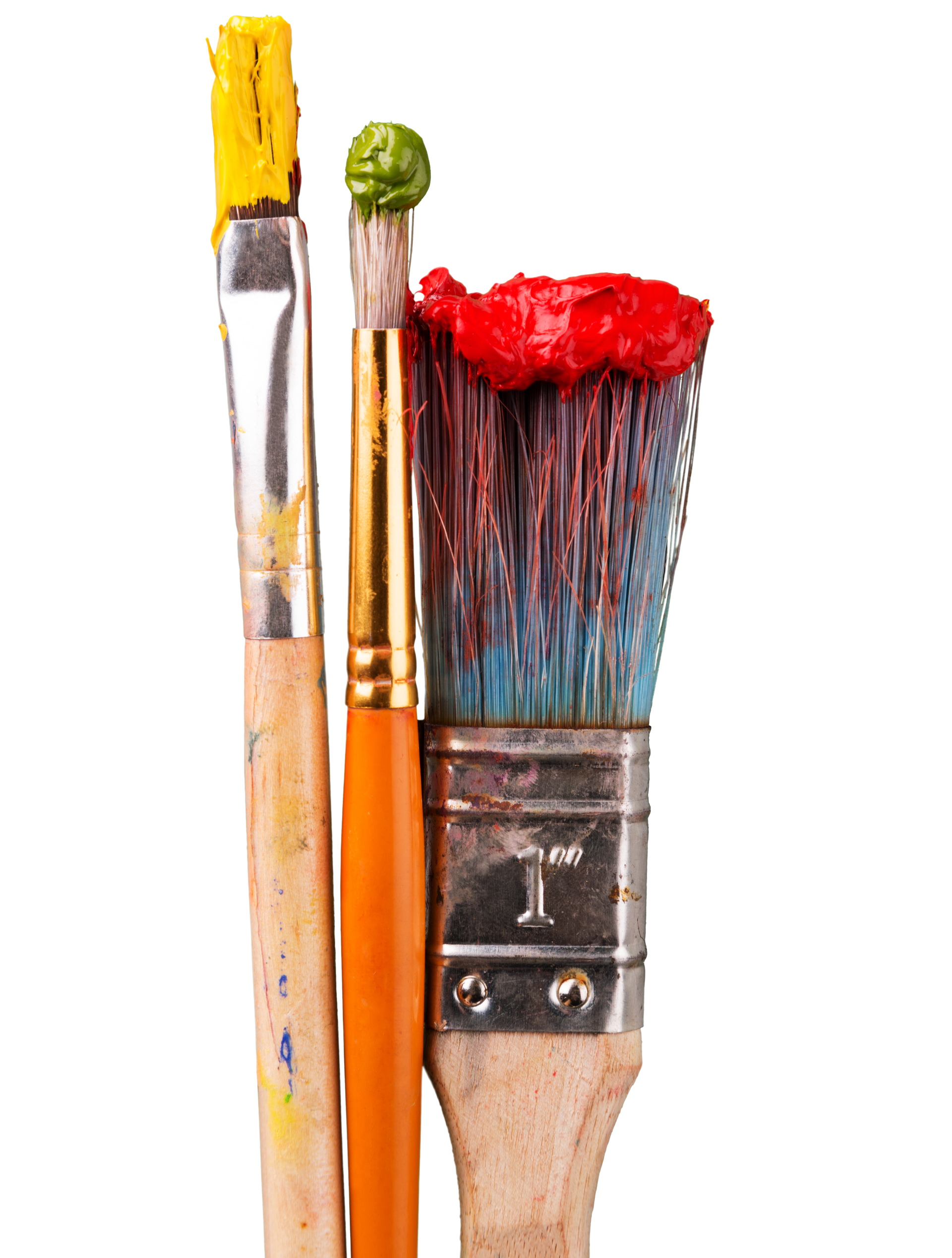 Trois pinceaux dont les poils sont recouverts de peinture jaune, verte et rouge, sur fond blanc.