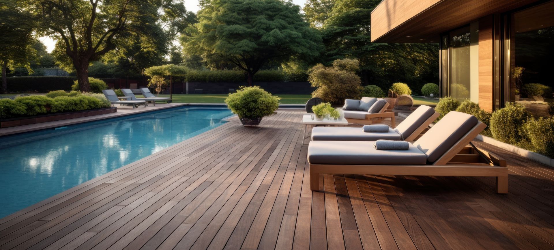 Terrasse de piscine en bois traité