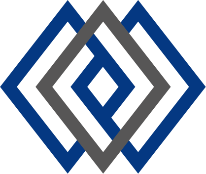 Zwei überlappende Rautenformen; blau und grau, mit einer kleinen Raute in der Mitte.