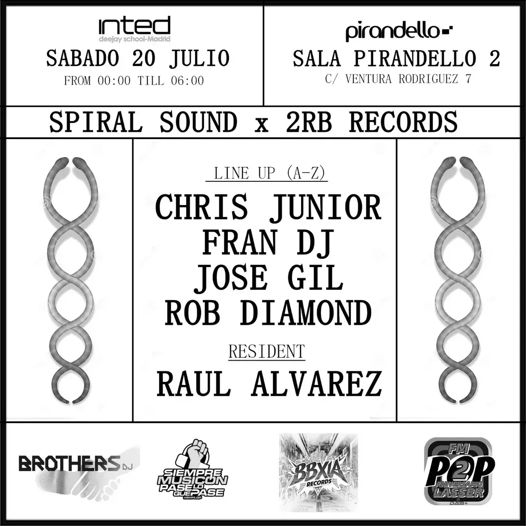 Flyer para un evento de Spiral Sound x 2RB Records en Sala Pirandello 2 el 20 de julio, con DJs.