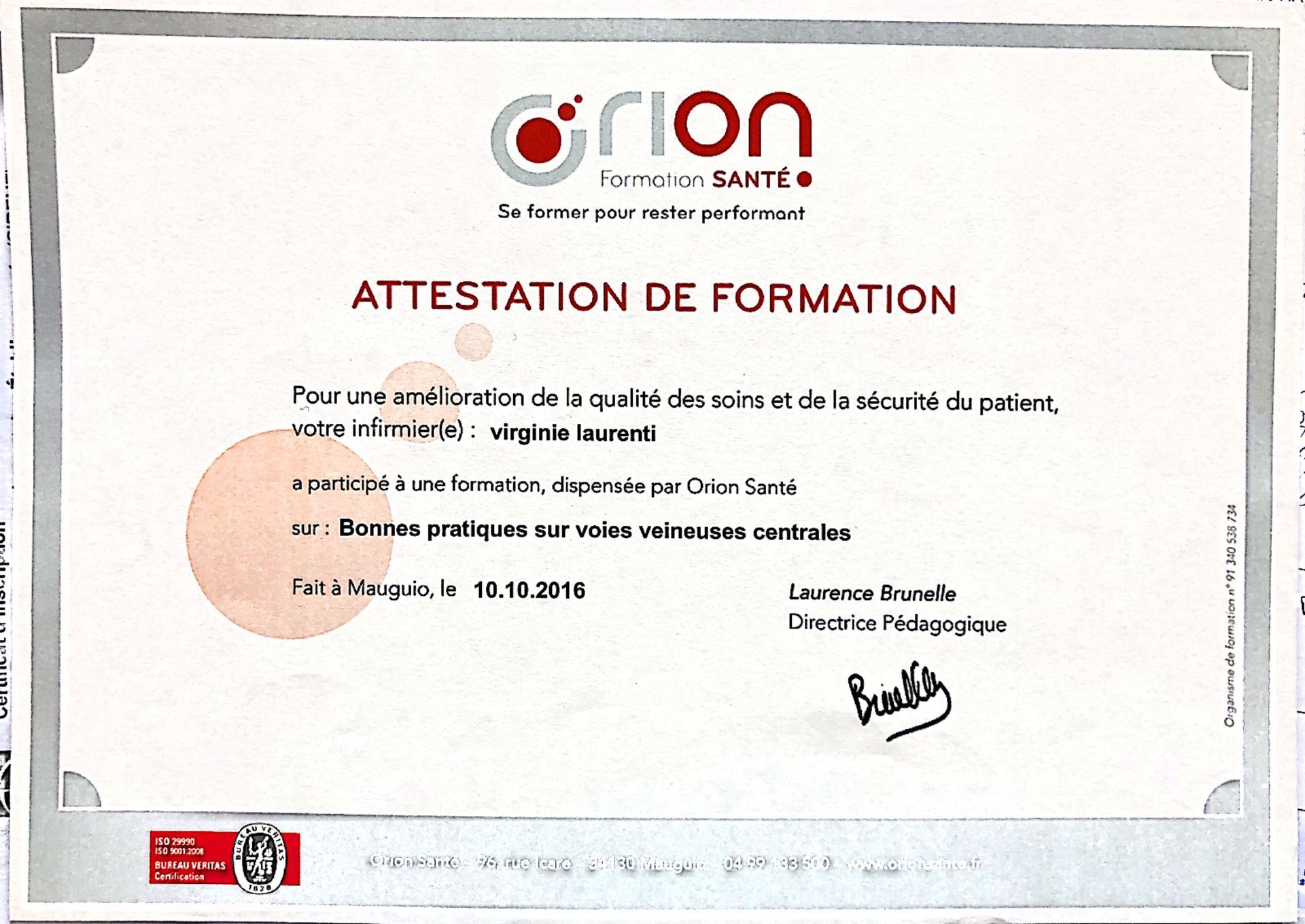 Attestation de formation : bonnes pratiques sur voies veineuses centrales