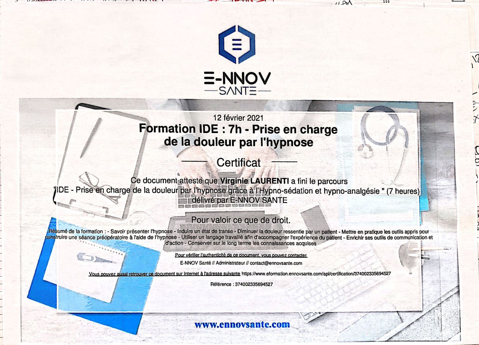 Attestation de formation IDE : prise en charge de la douleur par l'hypnose.