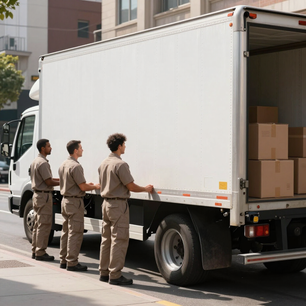 Trabajadores descargando cajas de un camión de reparto blanco en una calle de la ciudad.