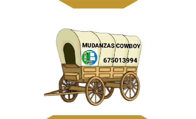 Logotipo de una carreta cubierta de color crema con la inscripci&oacute;n &ldquo;MUDANZAS COWBOY&rdquo; y el n&uacute;mero de tel&eacute;fono 675013994.