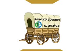 Logotipo de una carreta cubierta de color crema con la inscripci&oacute;n &ldquo;MUDANZAS COWBOY&rdquo; y el n&uacute;mero de tel&eacute;fono 675013994.