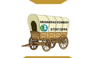 Logotipo de una carreta cubierta de color crema con la inscripci&oacute;n &ldquo;MUDANZAS COWBOY&rdquo; y el n&uacute;mero de tel&eacute;fono 675013994.