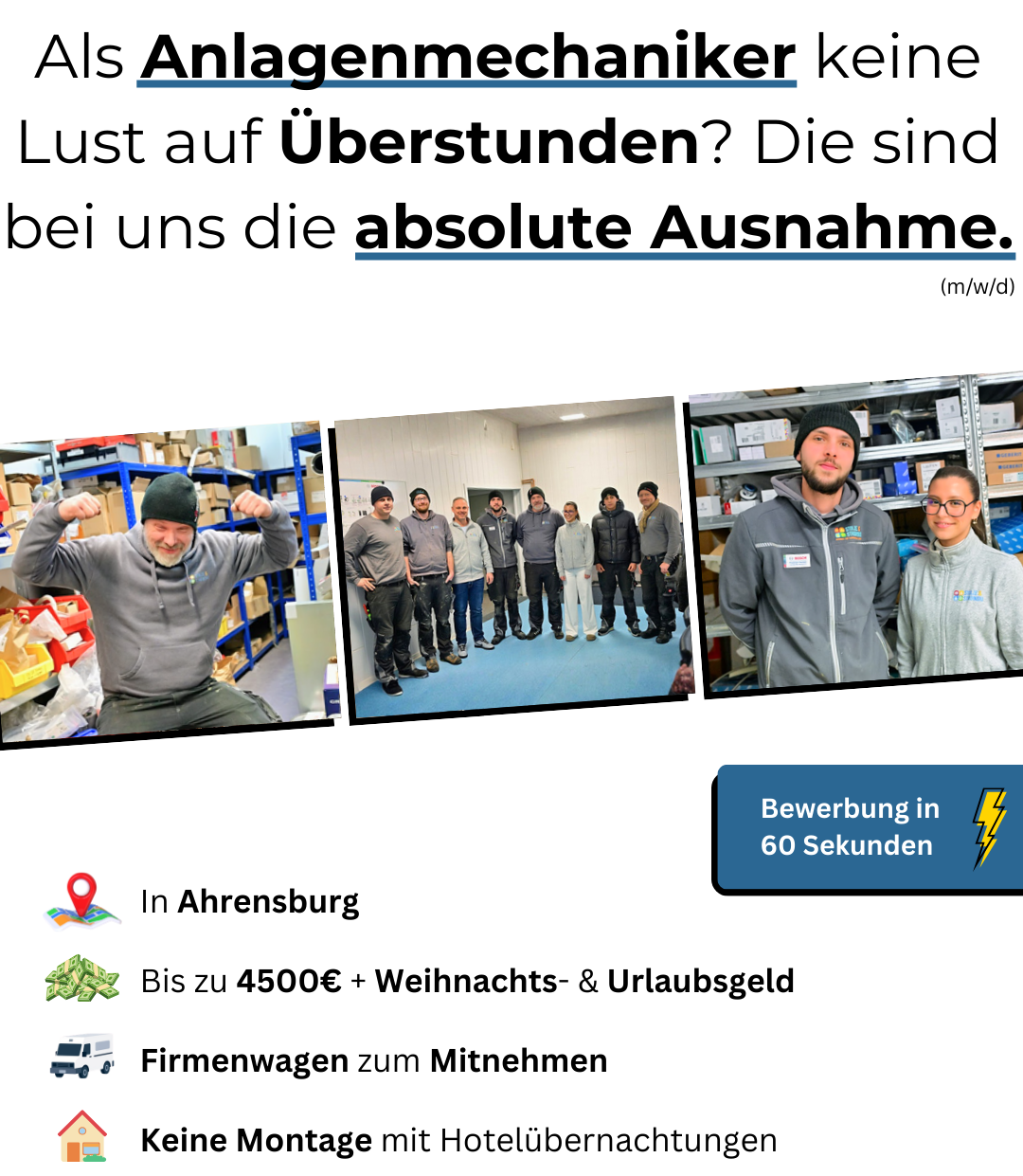 Job ad: Anlagenmechaniker wanted in Ahrensburg; no overtime, benefits, company car. Group photo.