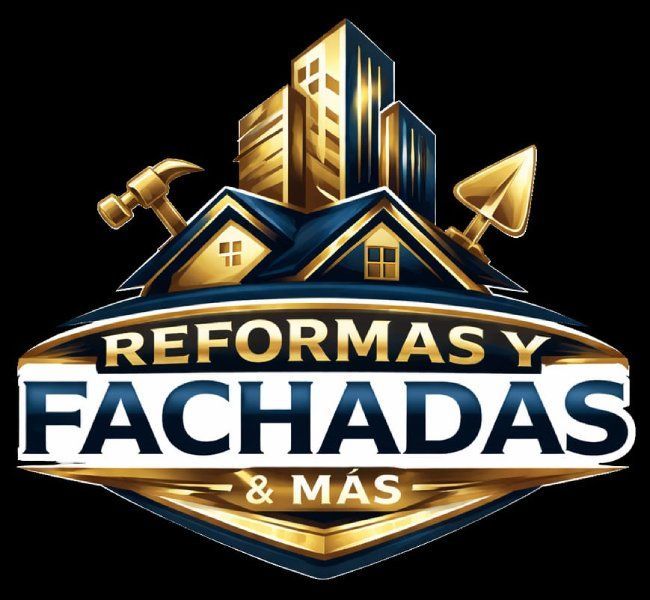 Logo dorado y azul de &ldquo;Reformas y Fachadas & M&aacute;s&rdquo; con casas, martillo y esp&aacute;tula.