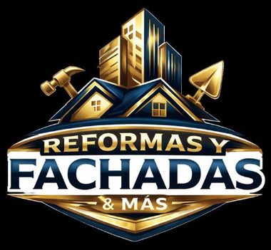 Logo dorado y azul de “Reformas y Fachadas & Más” con casas, martillo y espátula.