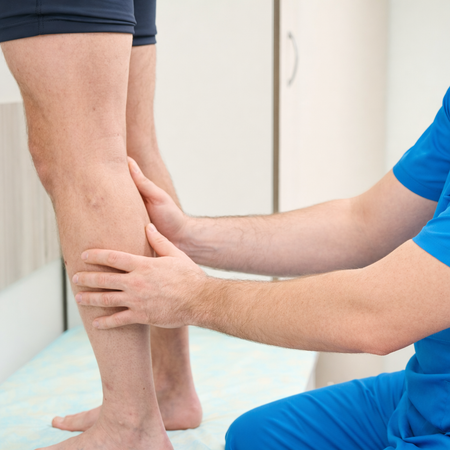 Un médecin en blouse bleue examine les jambes d'un homme