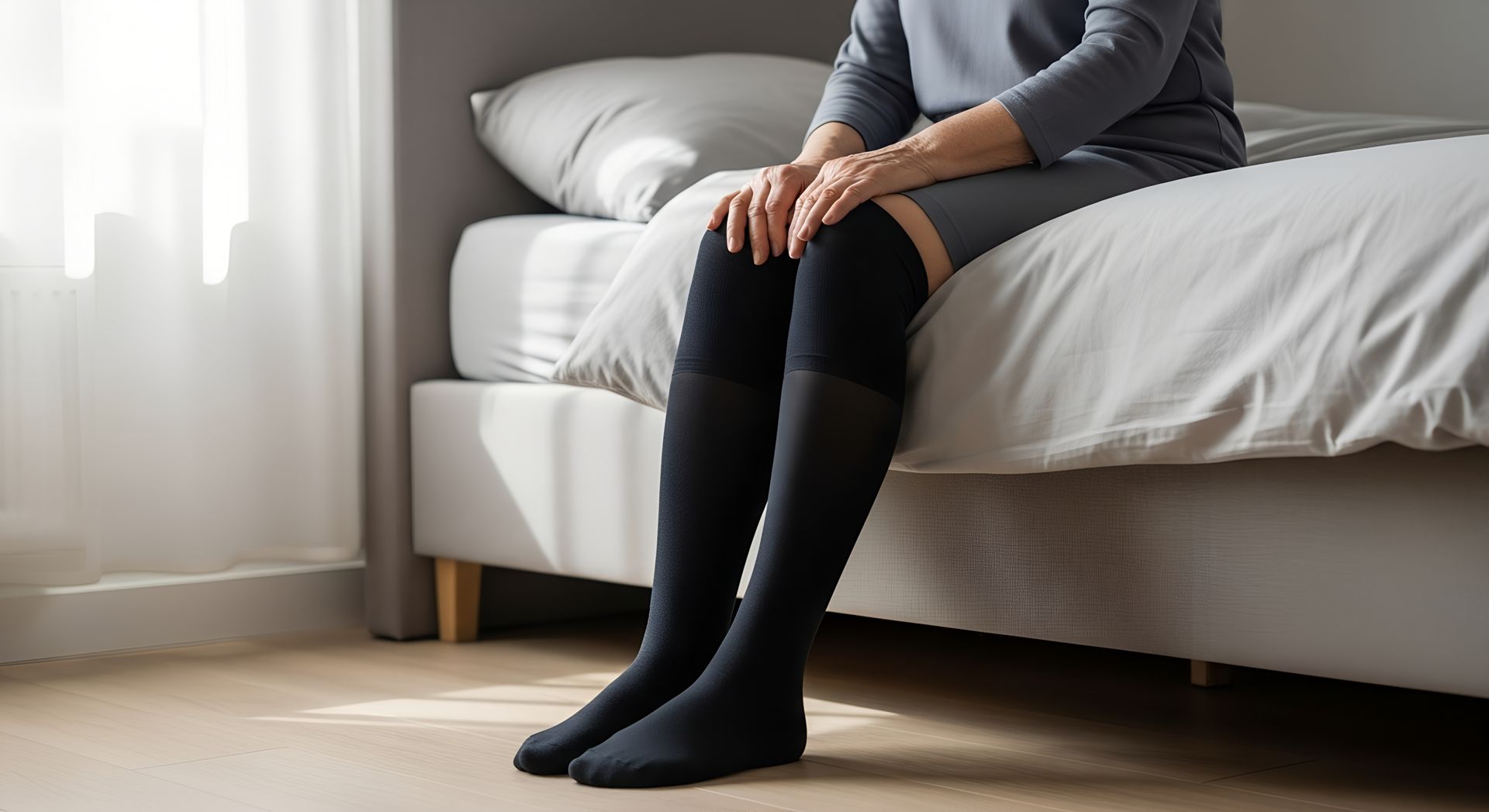Une personne assise sur un lit avec des bas de contention