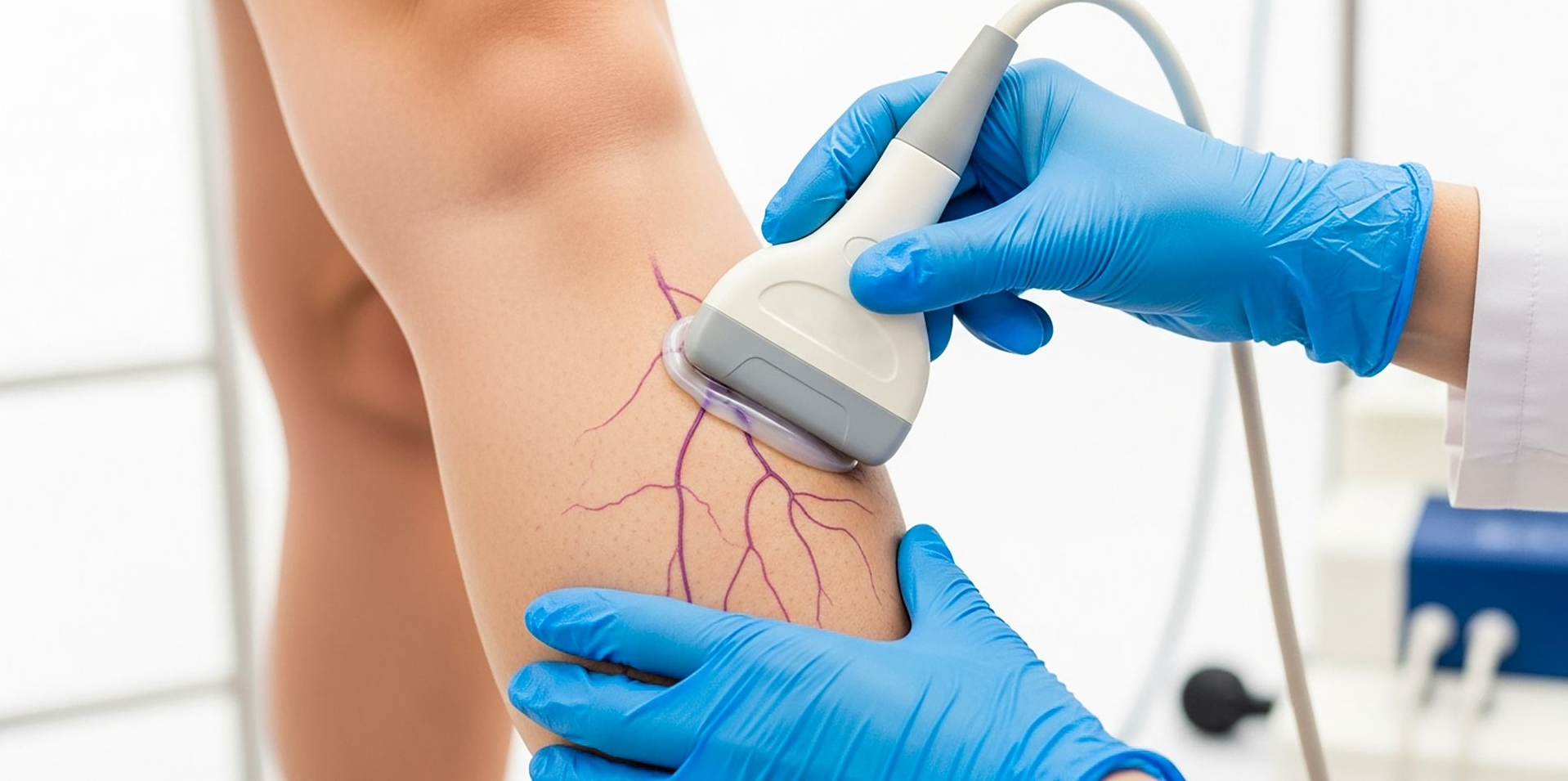 Un professionnel de santé examine la jambe d'un patient grâce à un appareil à ultrasons