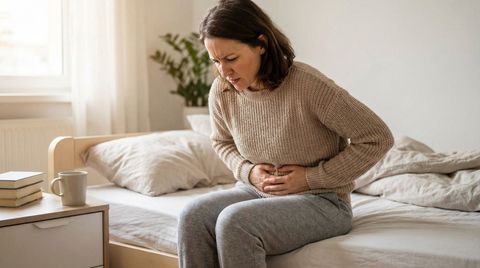 Une femme assise sur un lit qui se tient le ventre