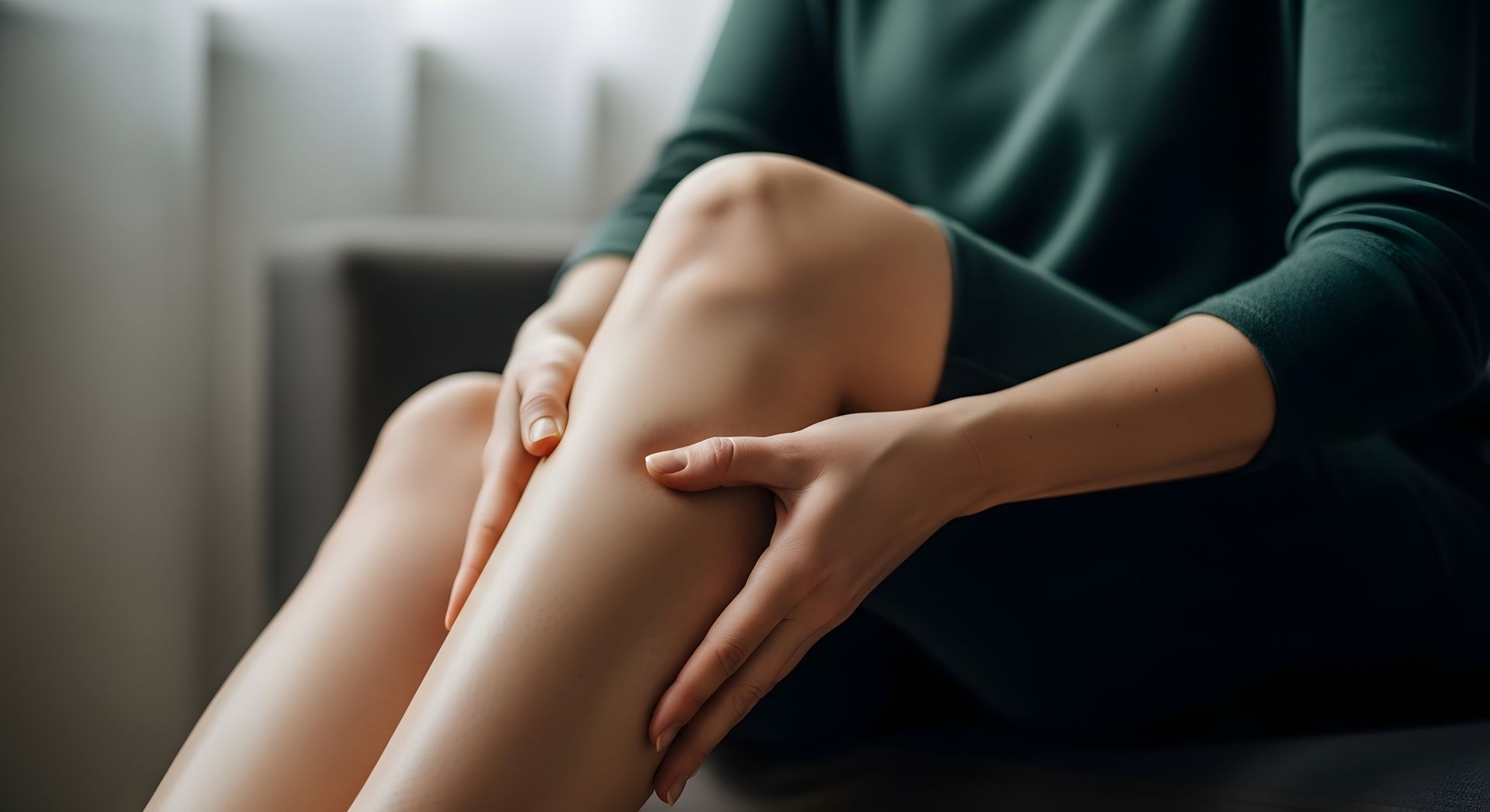 Une personne se tient le genou tout en étant assise