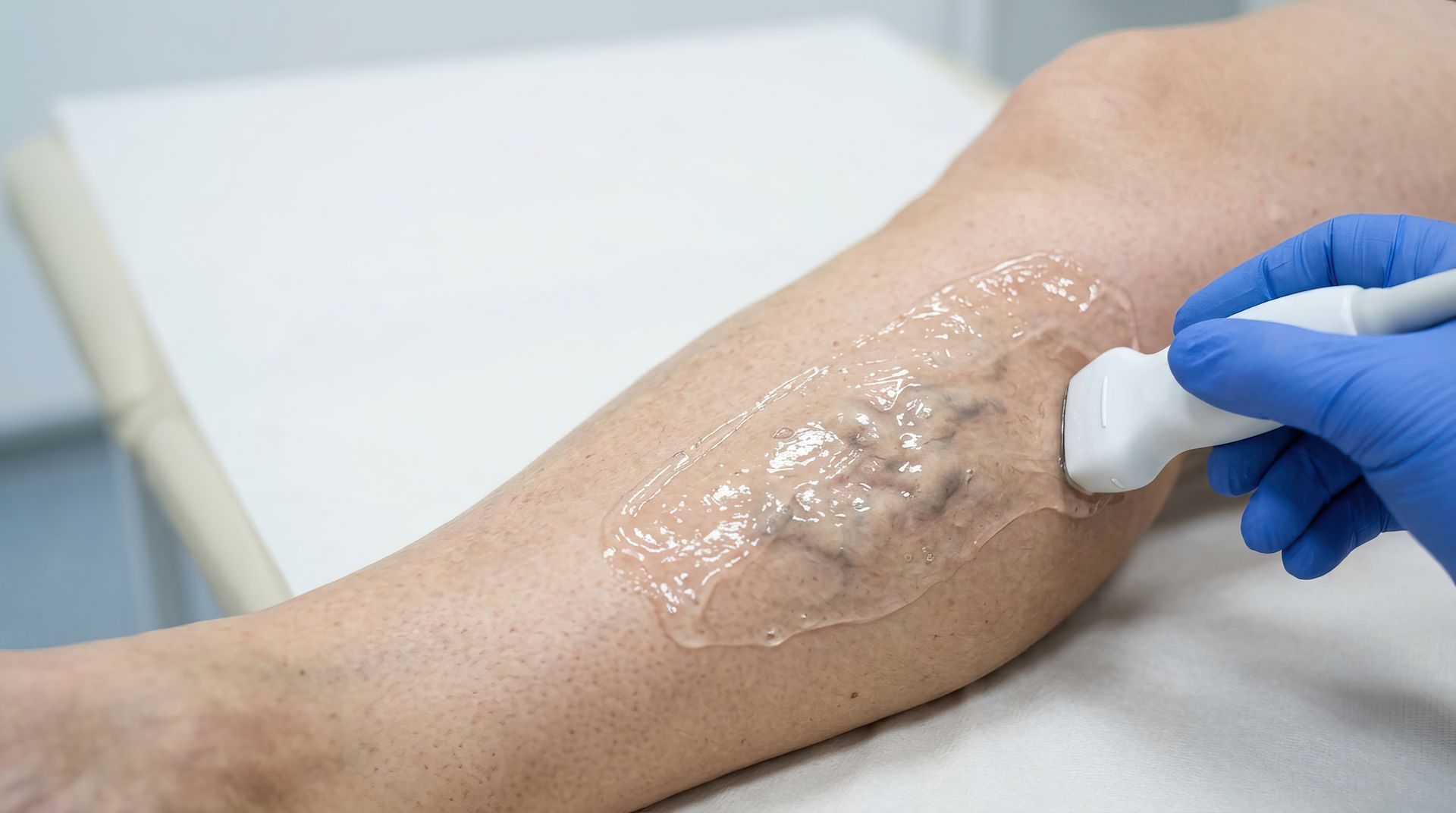 Un médecin applique du gel pour réaliser une échographie sur une jambe