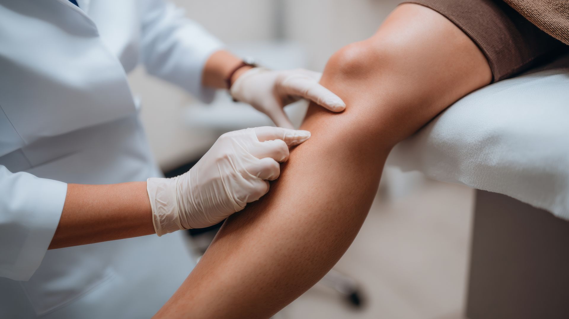Un clinicien ganté examine le genou fléchi d'un patient dans un environnement médical