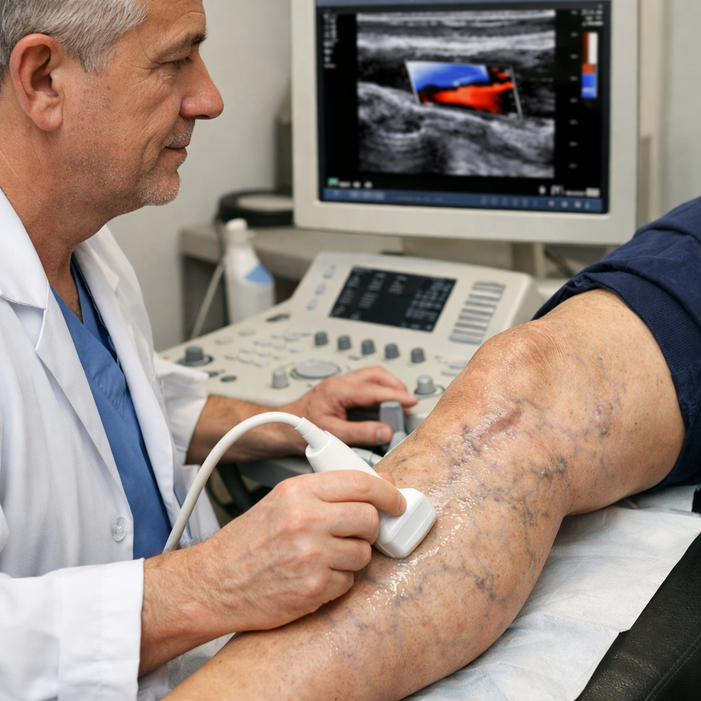 Réalisation d'une échographie sur un patient souffrant de varices
