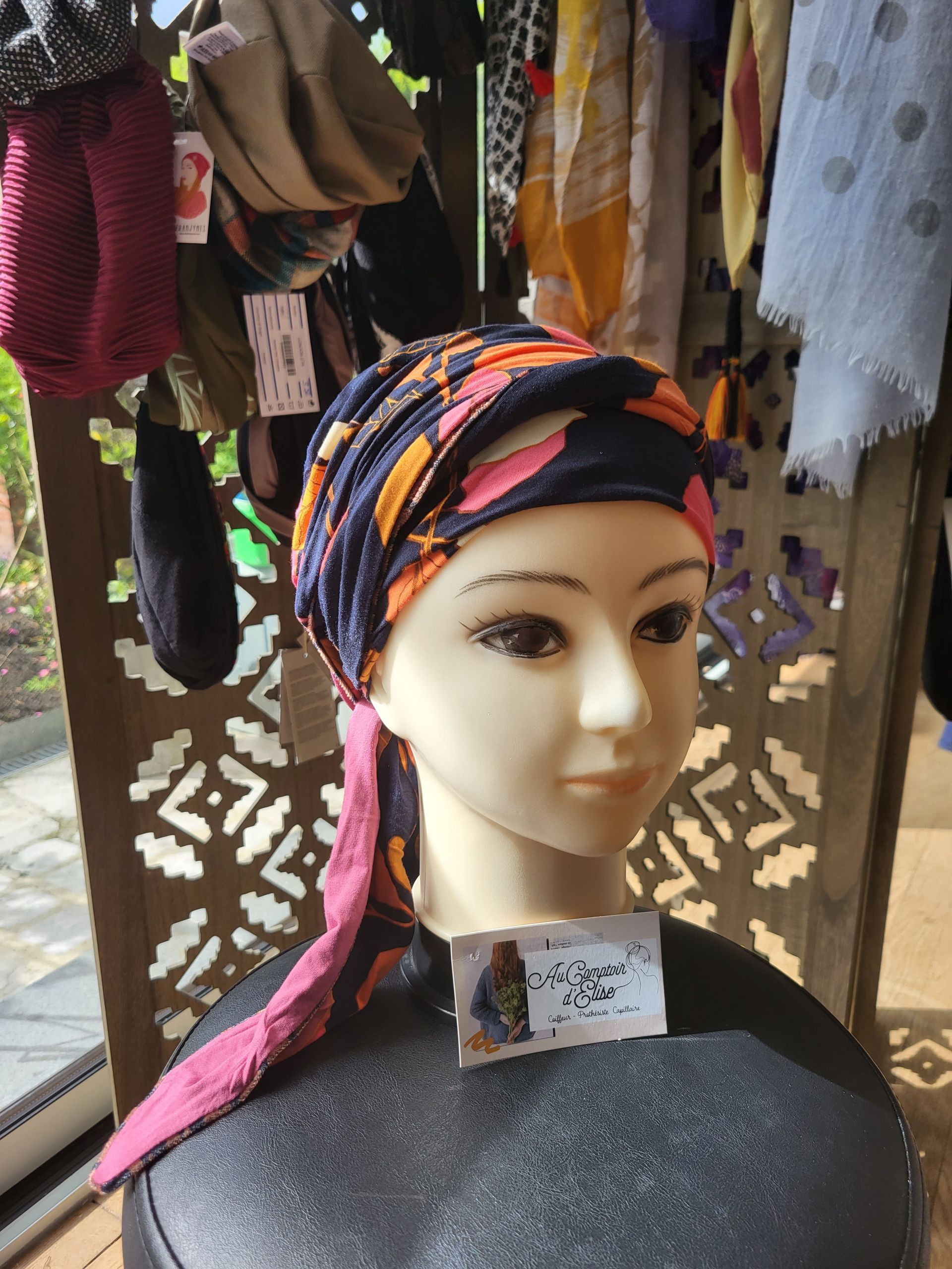 Turban à motifs violet orange et rose