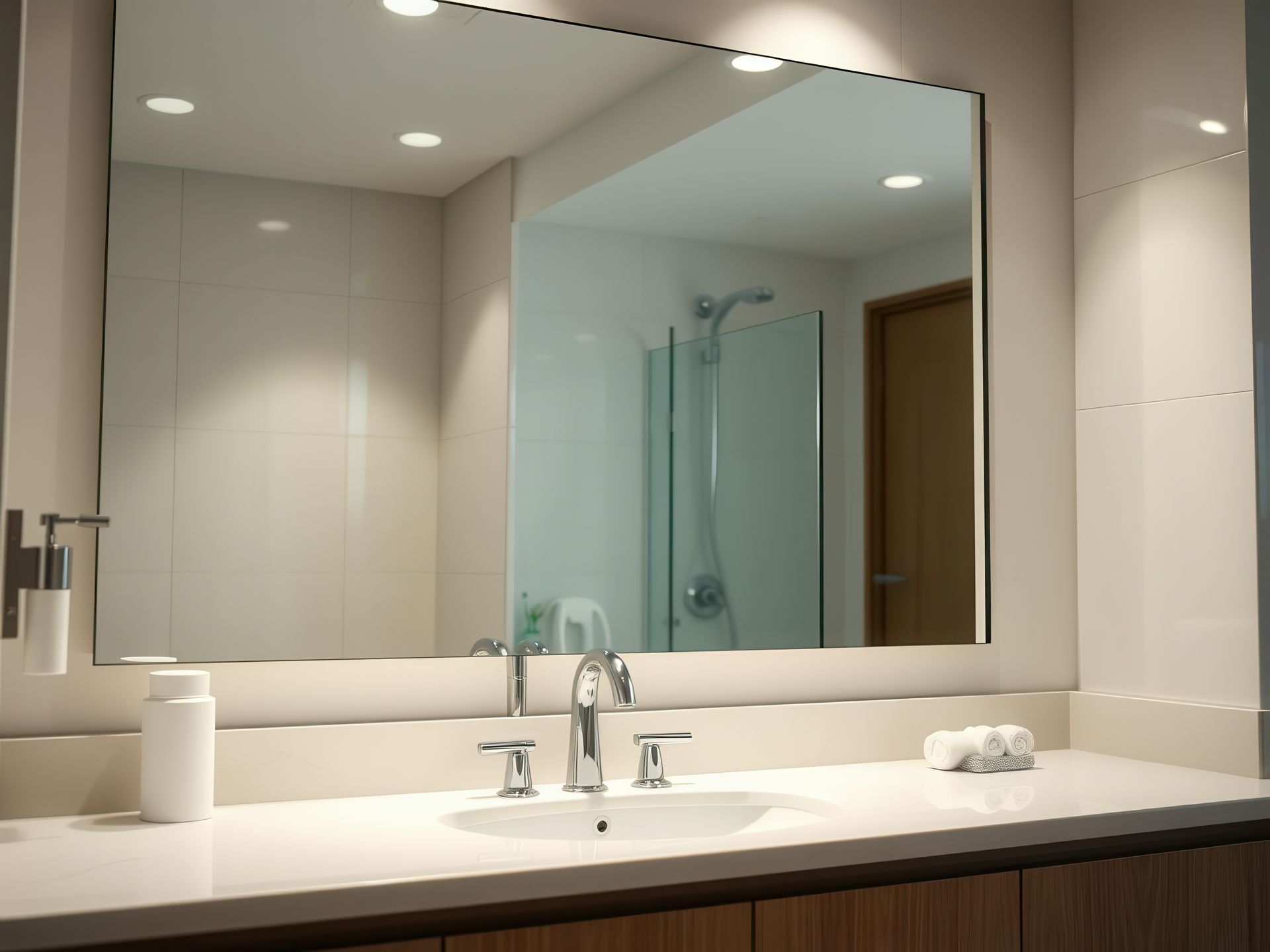 Salle de bains avec grand miroir accroché au-dessus du lavabo et reflétant la douche.