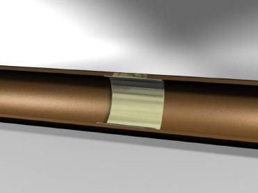 Ein computergeneriertes Bild eines Metallrohrs mit einem Stück Klebeband darauf.