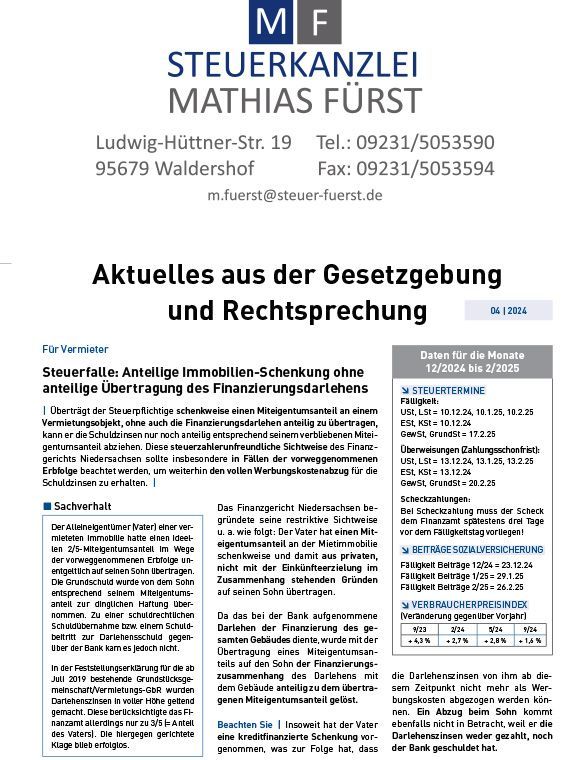 Steuerkanzlei Fürst - neustes Mandantenrundschreiben