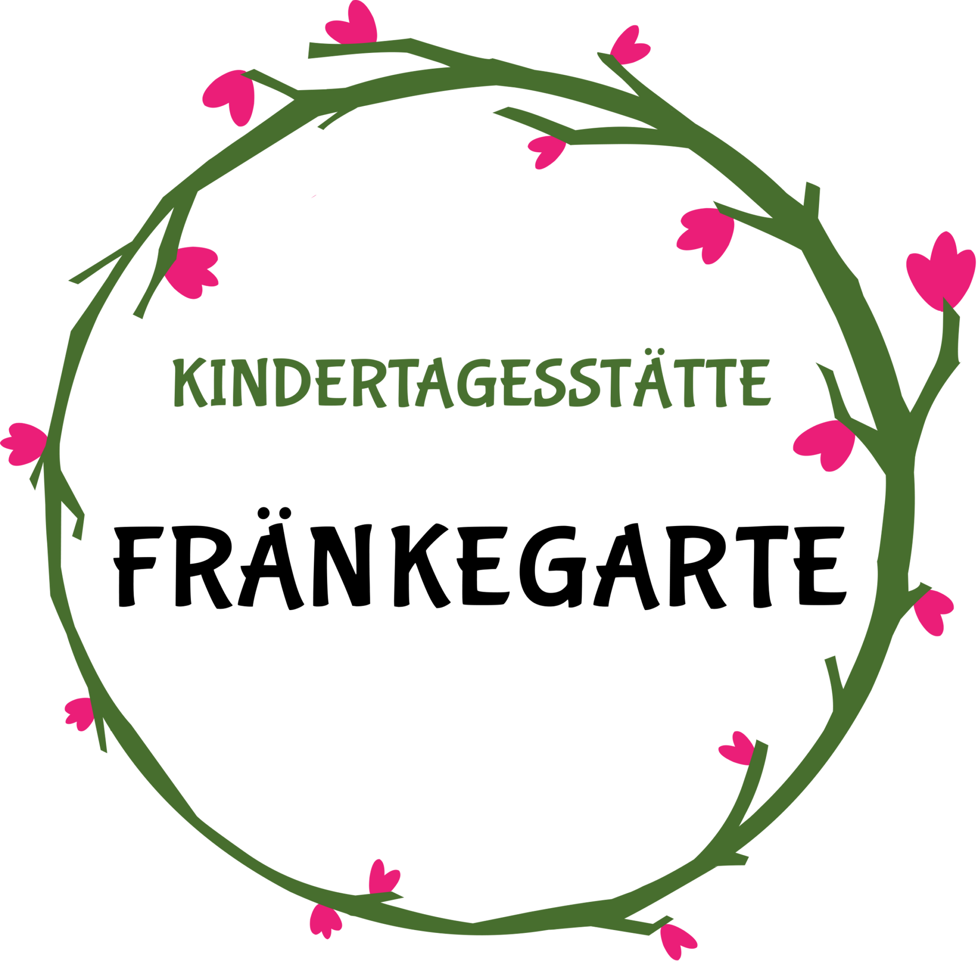 Ein Logo für eine Kindertagesstätte mit einem Kranz aus Zweigen und rosa Blumen.