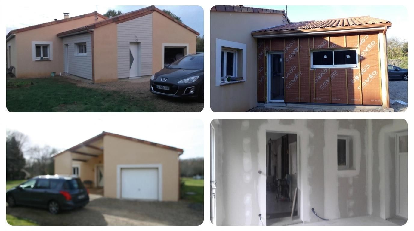 Quatre vues de l'extérieur d'une maison beige et d'une porte intérieure blanche en construction.