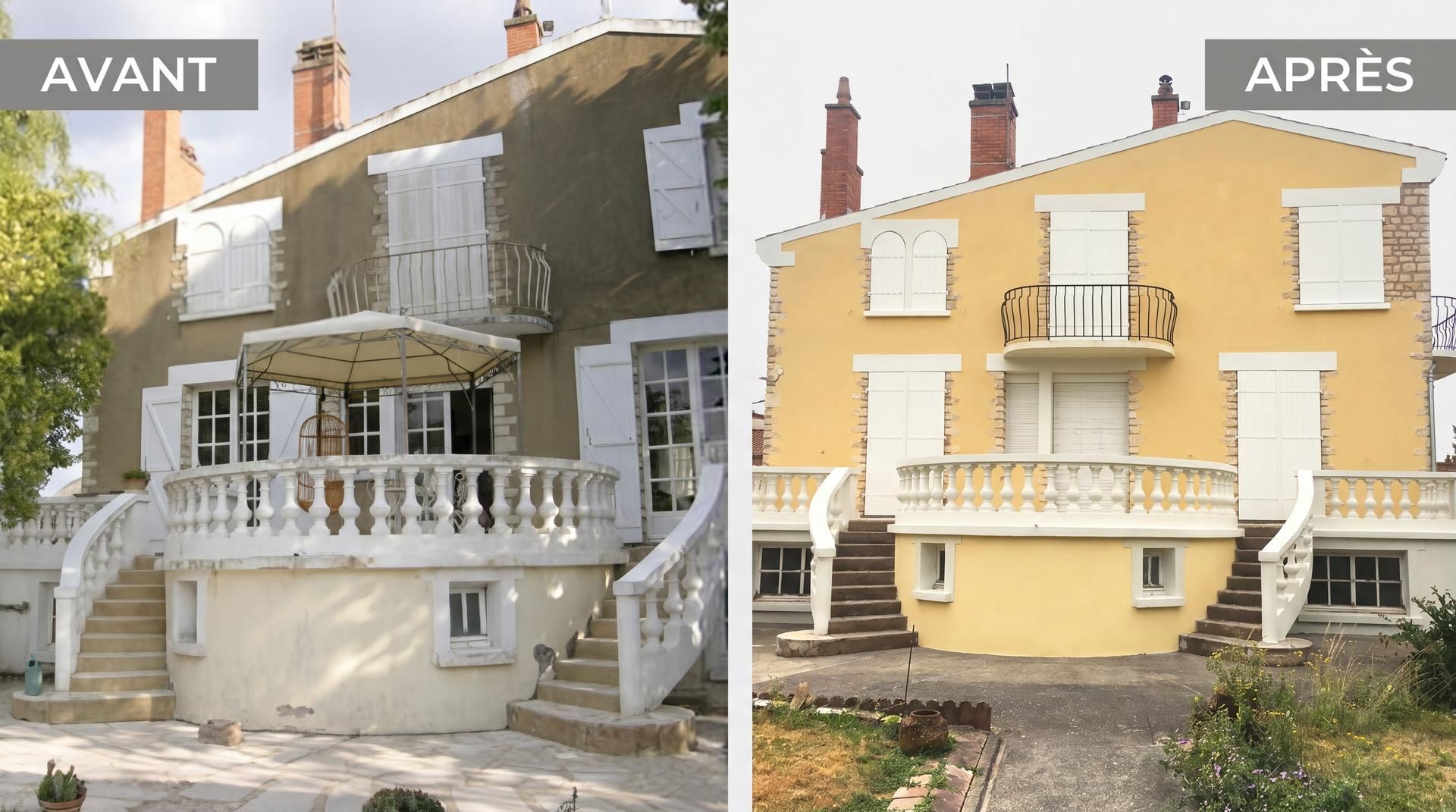 Avant et après la rénovation extérieure d'une maison : une façade grise devient jaune grâce à un balcon et des volets modernisés.