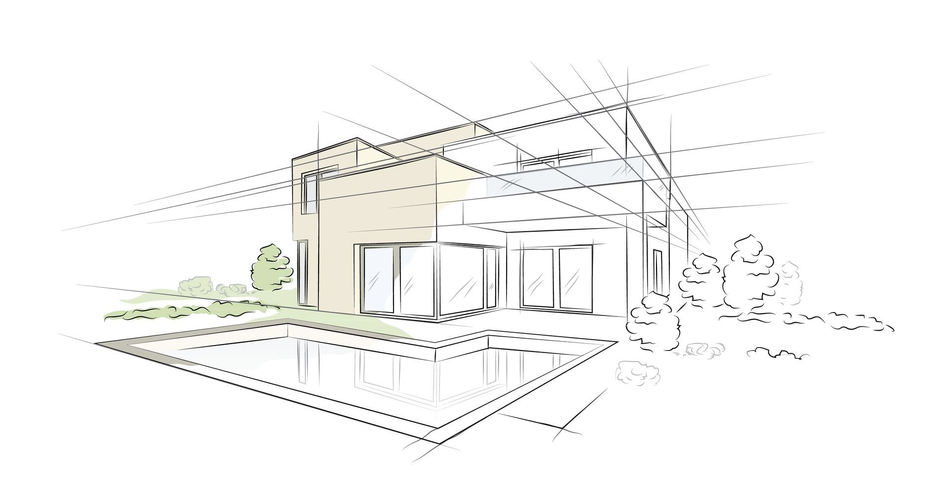 Croquis d'une façade de maison moderne avec de grandes fenêtres, une terrasse et un aménagement paysager, dessiné en traits légers.